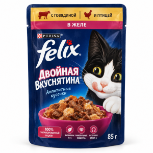 پوچ فلیکس مدل Double Delicious با طعم گوشت گاو و طیور در ژله مخصوص گربه بالغ 85 گرم