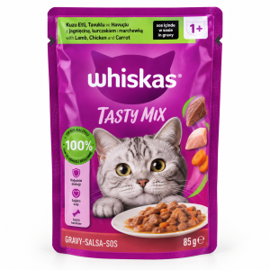 پوچ ویسکاس مدل Tasty Mix با طعم گوشت بره، مرغ و هویج در سس مخصوص گربه بالغ 85 گرم