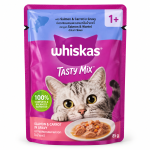 پوچ ویسکاس مدل Tasty Mix با طعم سالمون و هویج در سس مخصوص گربه بالغ 85 گرم
