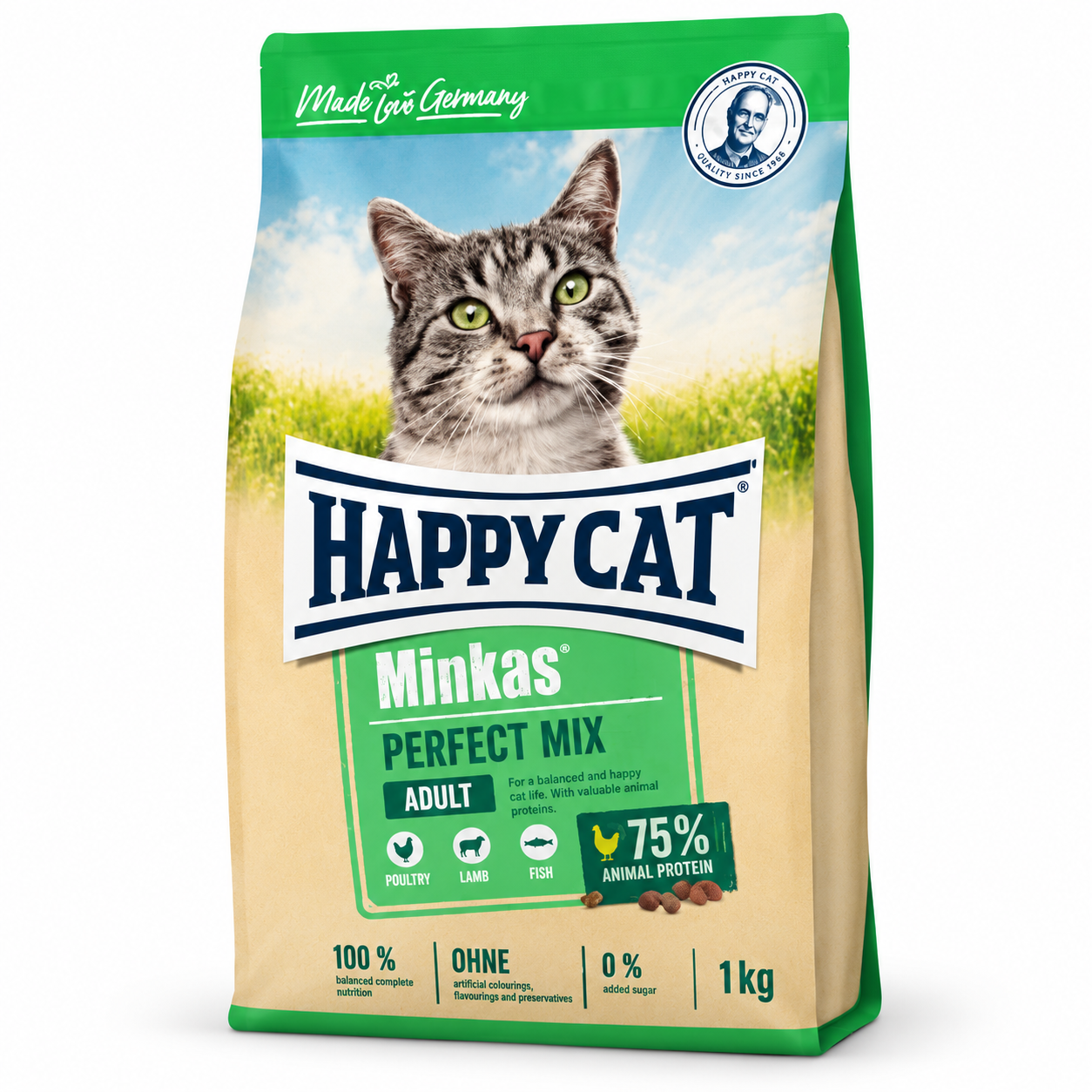 غذای خشک گربه بالغ Happy Cat Minkas Perfect Mix با طعم مرغ، بره و ماهی وزن ۱ کیلوگرم