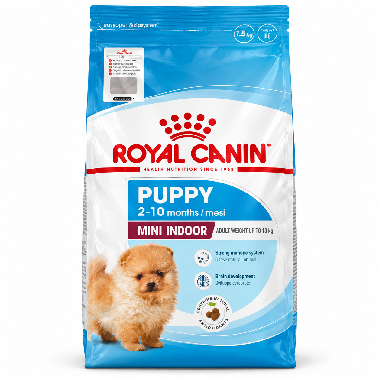 بستهبندی دقیق Royal Canin Puppy Mini Indoor وزن ۱.۵ کیلوگرم غذای خشک رویال کنین مدل Mini Indoor Puppy مخصوص تولهسگ نژاد کوچک ۱.۵ کیلوگرم